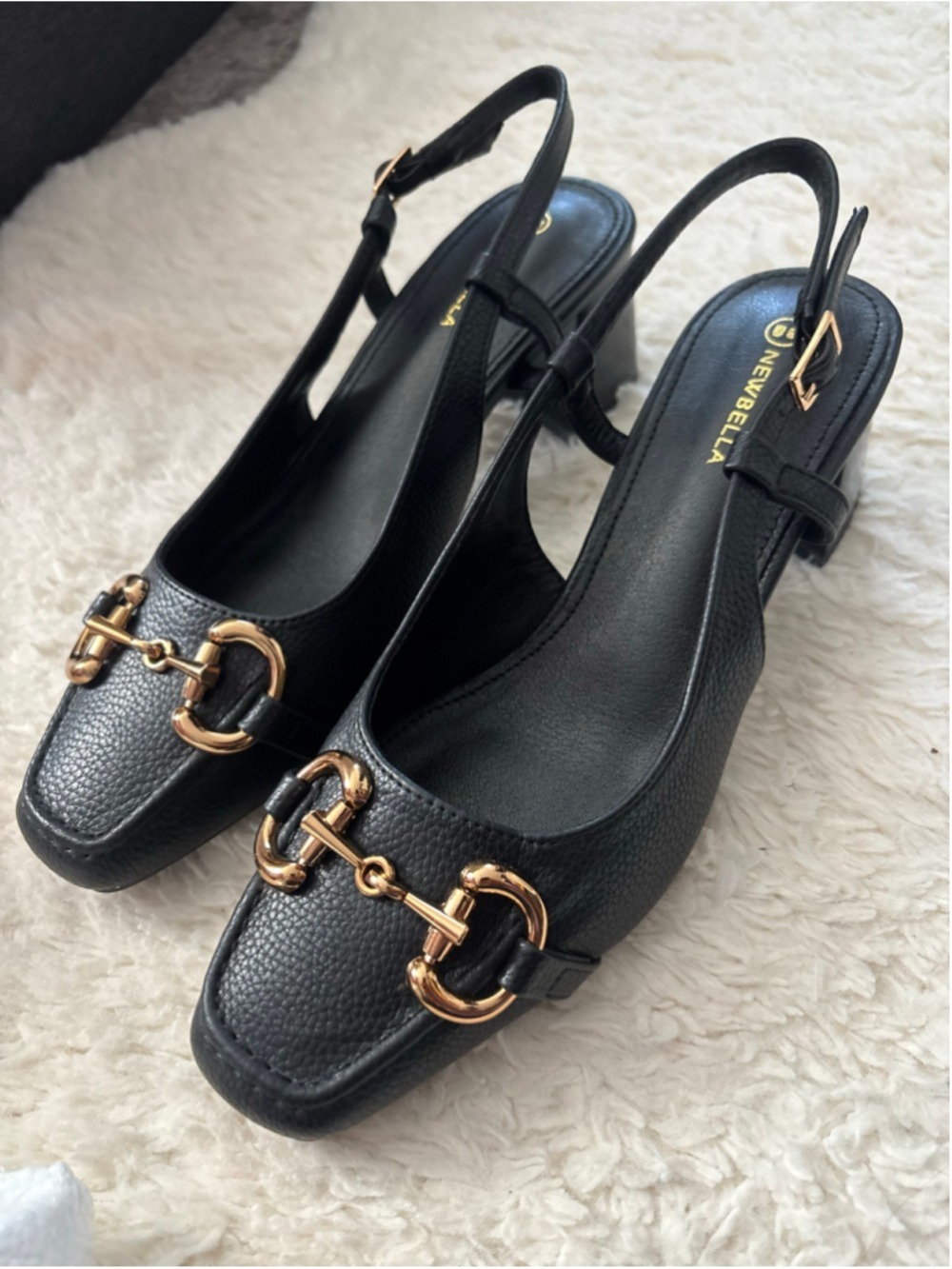 NEWBELLA Women's Black Gold Horsebit Slingback Block Heel Shoes